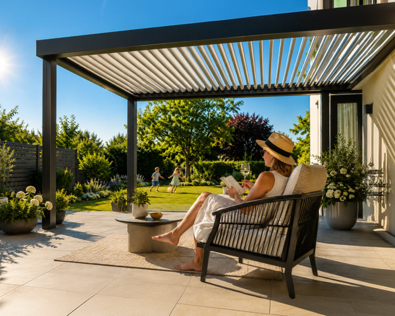 A woman relaxes in a modern outdoor lounge chair under a slatted patio pergola, reading a book on a tiled terrace with a lush green garden in the background.