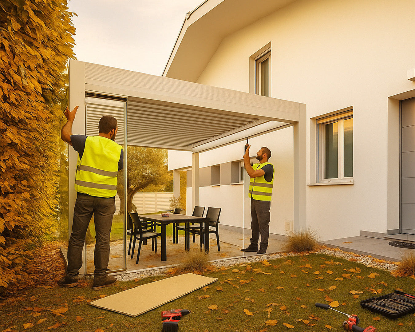 Workers installing a modern aluminium louvered pergola in a backyard outdoor dining area