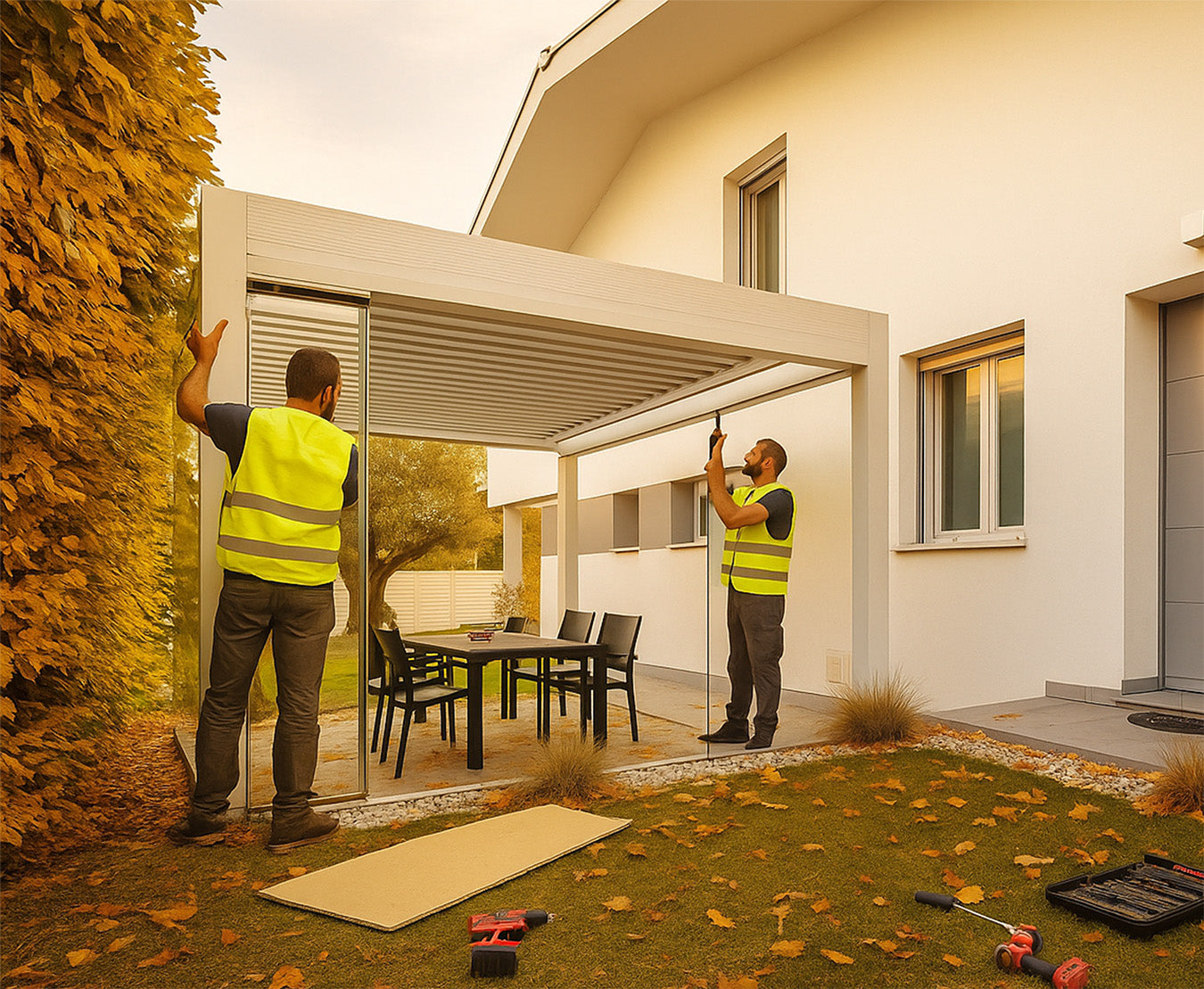 Workers installing a modern aluminium louvered pergola in a backyard outdoor dining area