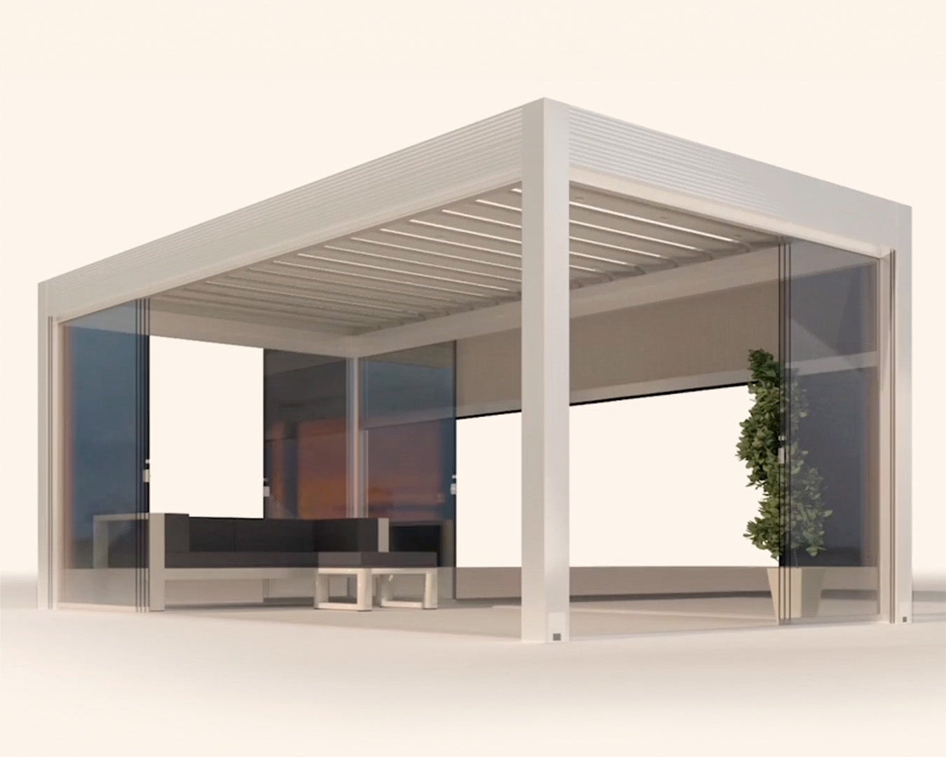 Modern aluminum pergola with louvered roof, glass walls, and outdoor seating area