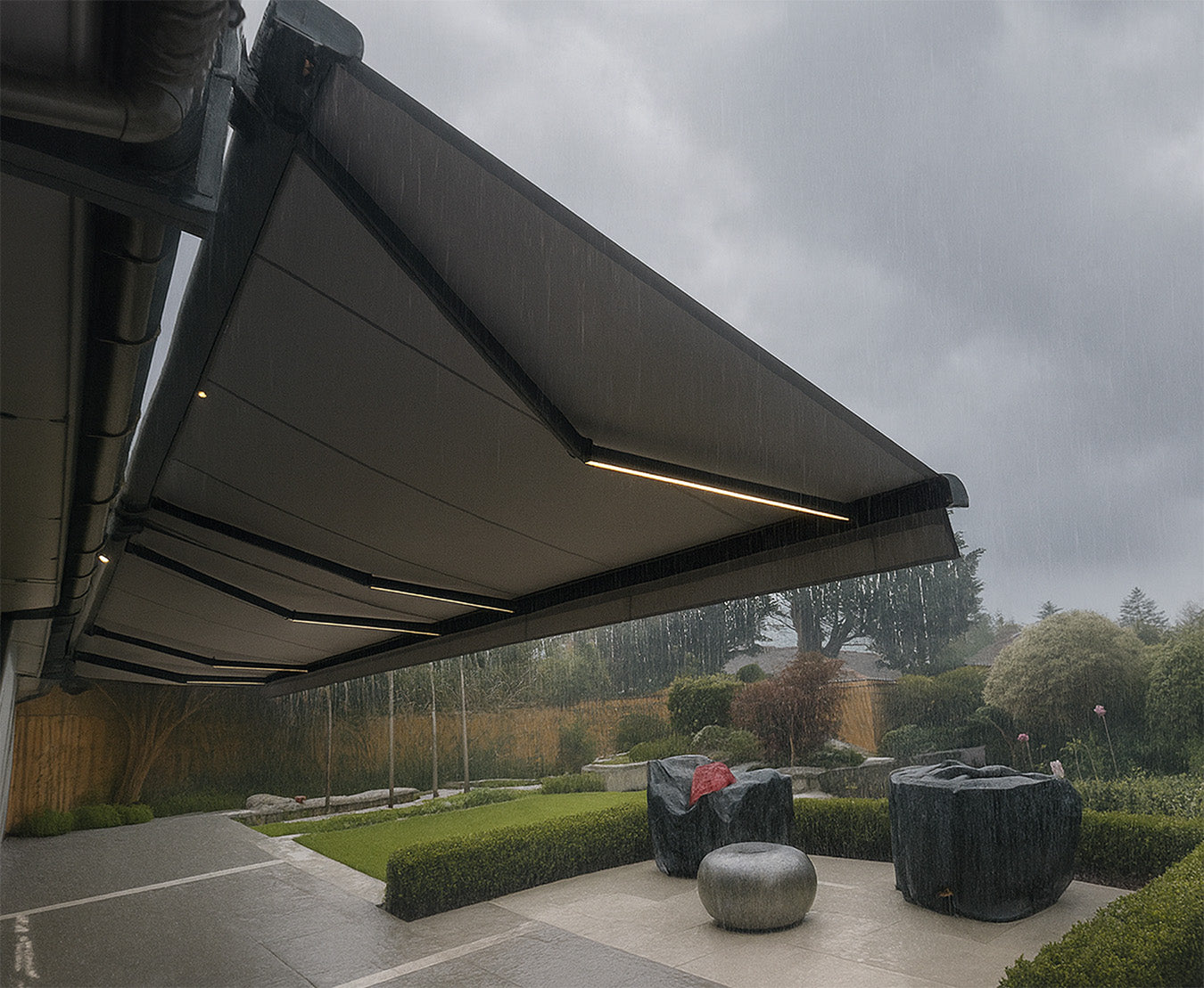 Retractable patio awning sheltering outdoor area from rain in a landscaped garden