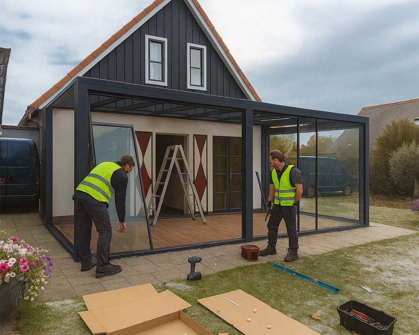 Workers installing a modern glass veranda with aluminium frame on a residential patio