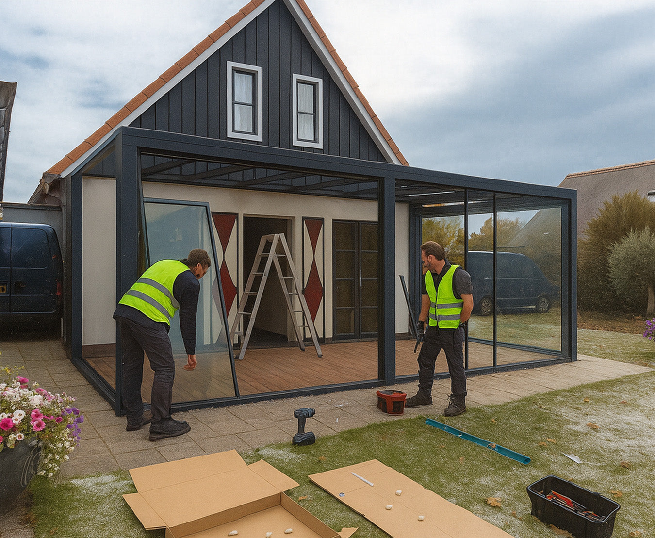 Workers installing a modern glass veranda with aluminium frame on a residential patio