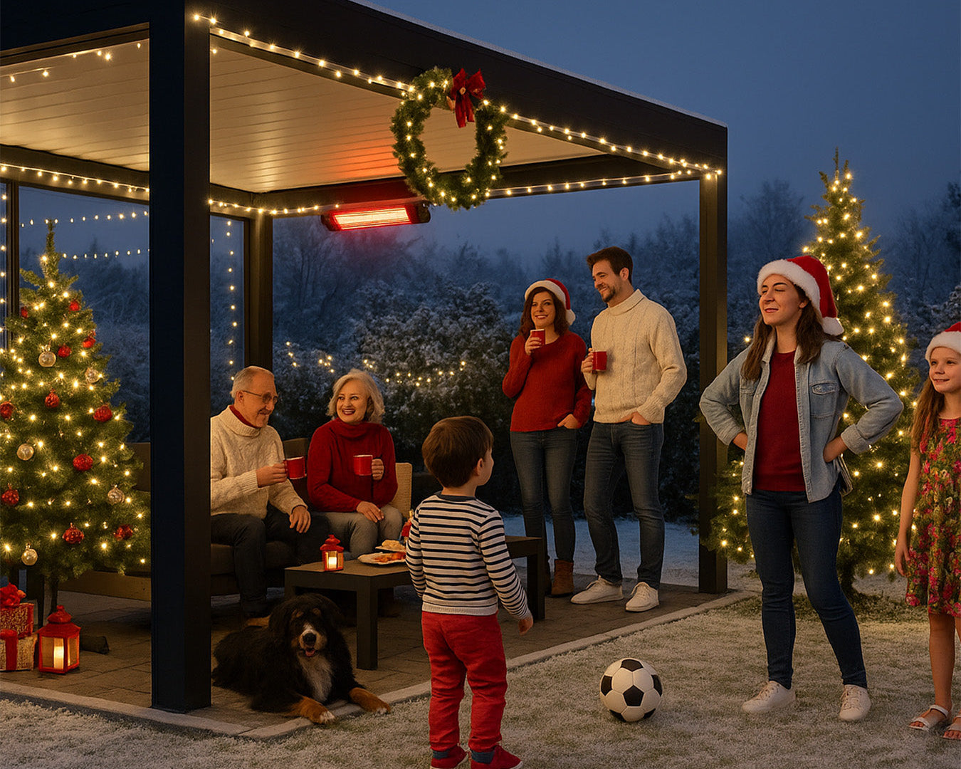 Family enjoying Christmas under luxury pergola with lights, outdoor heater, and festive decor