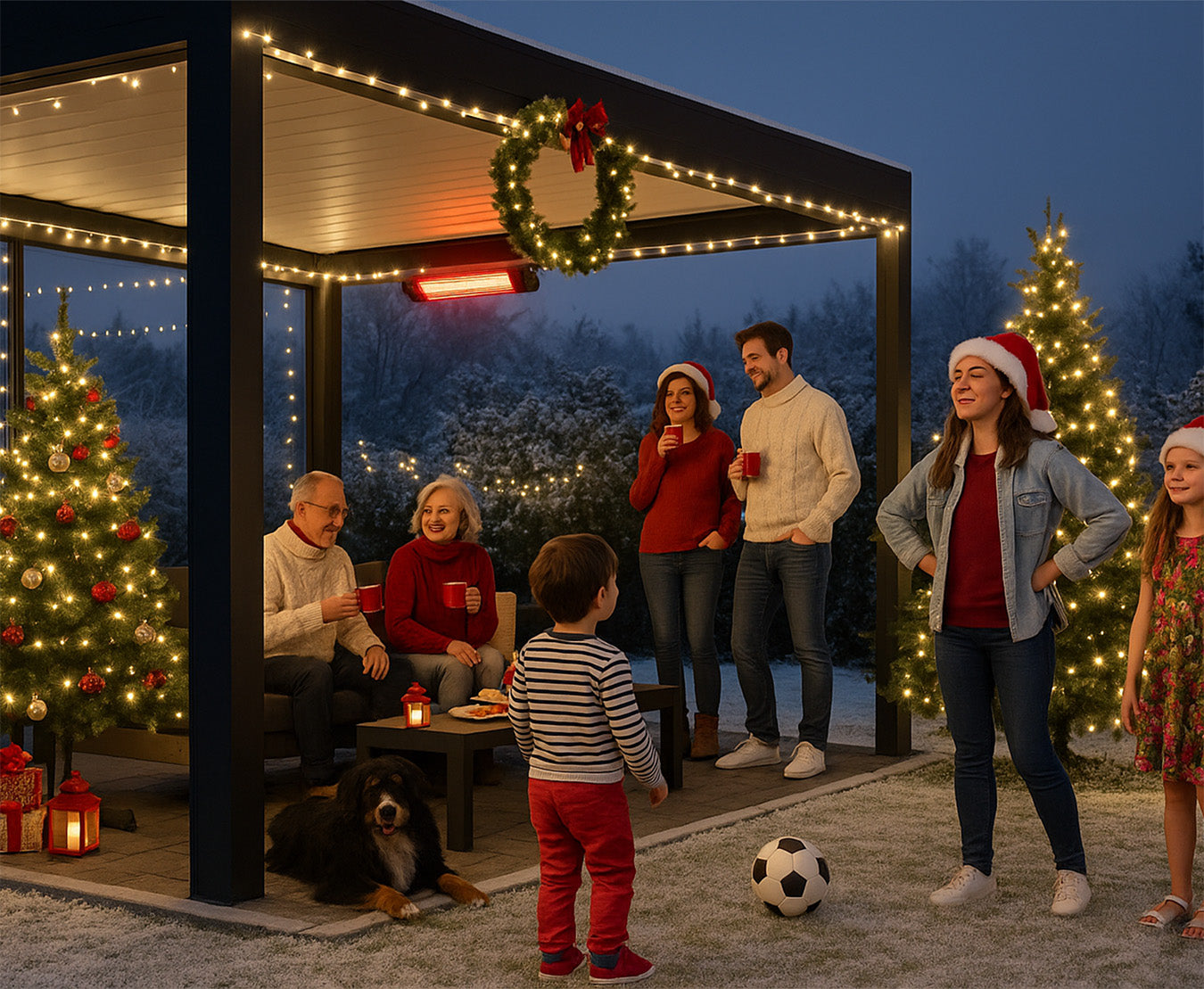Family enjoying Christmas under luxury pergola with lights, outdoor heater, and festive decor