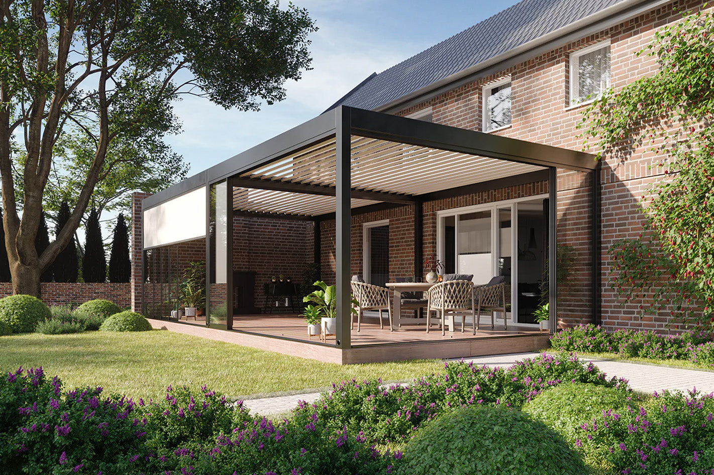 Modern aluminum pergola with louvered roof on brick patio, outdoor dining area, lush garden