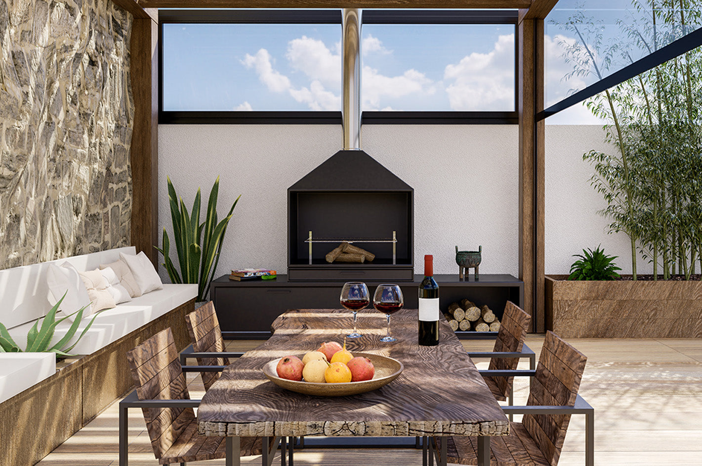 Modern luxury outdoor pergola with wooden dining table, fireplace, and garden plants
