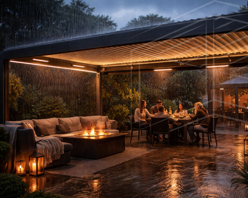 Modern louvered pergola with LED lighting sheltering people dining by fire table in the rain